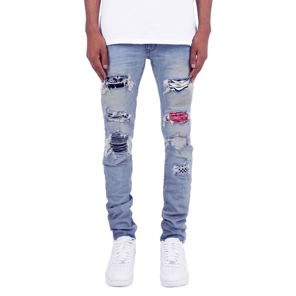 Men's Clothing Men's Cashew Flower Light Blue Tight Elastic Ripped Patch High Street Trend Skinny Jeans_mkmklike.com