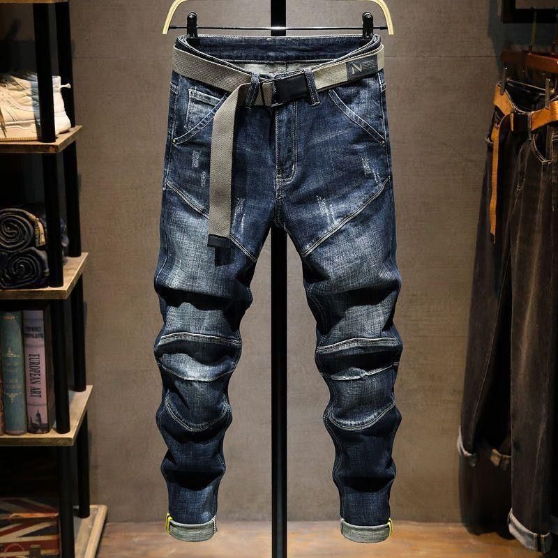 Men's Distressed Patchwork Jeans - Slim Fit Stretch Denim Pants With Raw Hem Detail Comfort-Enhanced Fit_mkmklike.com