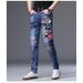 Men's Slim Straight Blue Distressed Jeans With Patchwork & Ripped Details For Spring & Summer_mkmklike.com