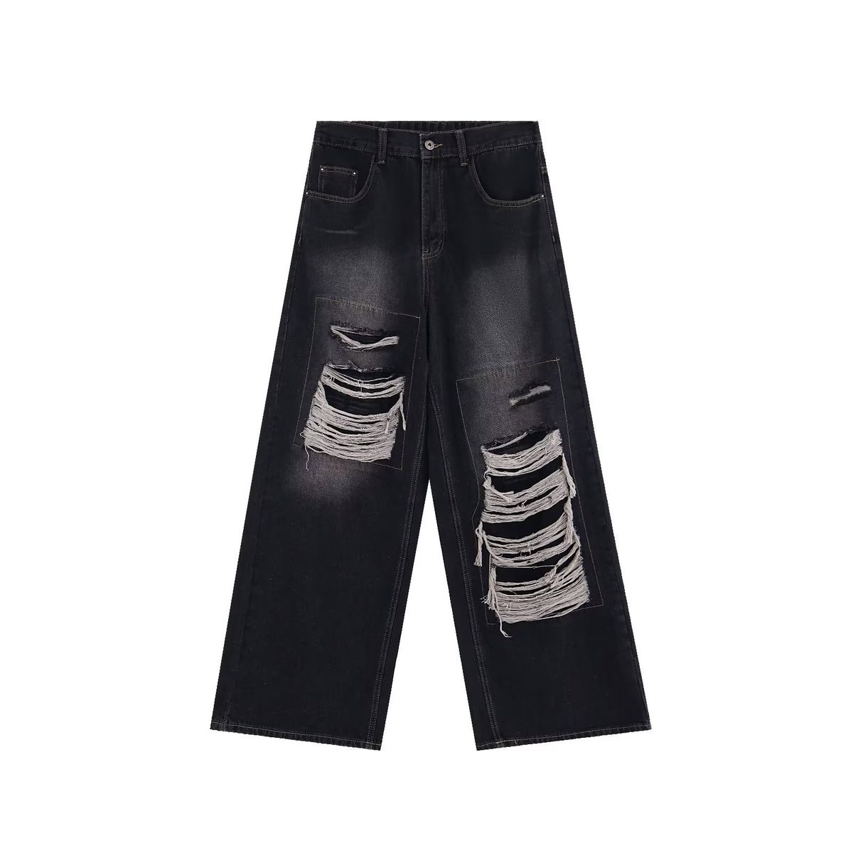 Men's Clothing Street Design Patch Ripped Jeans Men's Niche Ins Trend Loose Straight Pants_mkmklike.com