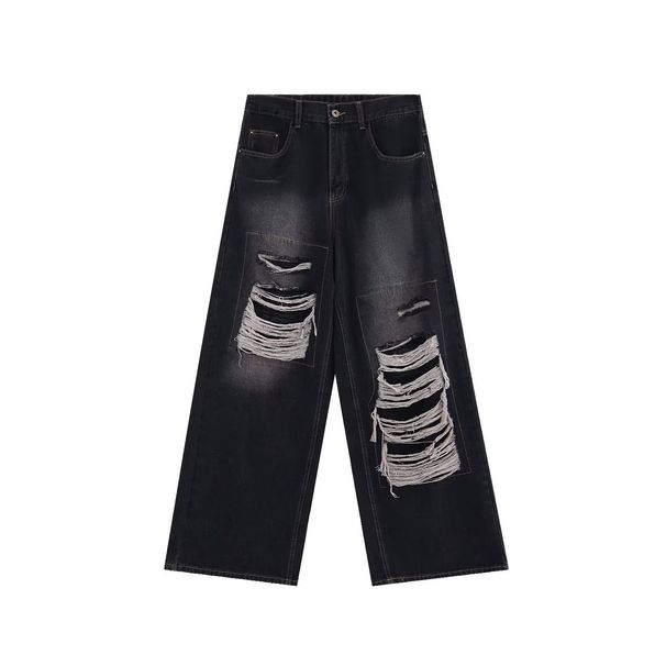 Men's Clothing Street Design Patch Ripped Jeans Men's Niche Ins Trend Loose Straight Pants_mkmklike.com