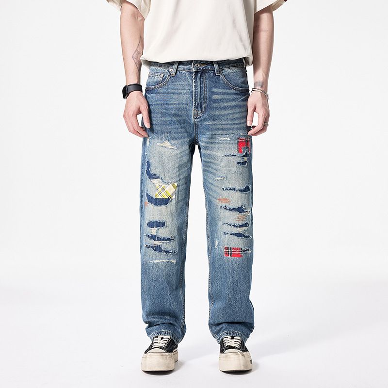 Men's Clothing Fashion Brand Jeans Men's Loose Straight Slightly Tapered High Street Hole Patch High End Autumn Spring And Autumn Style *** Pants Men_mkmklike.com