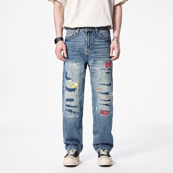 Men's Clothing Fashion Brand Jeans Men's Loose Straight Slightly Tapered High Street Hole Patch High End Autumn Spring And Autumn Style *** Pants Men_mkmklike.com