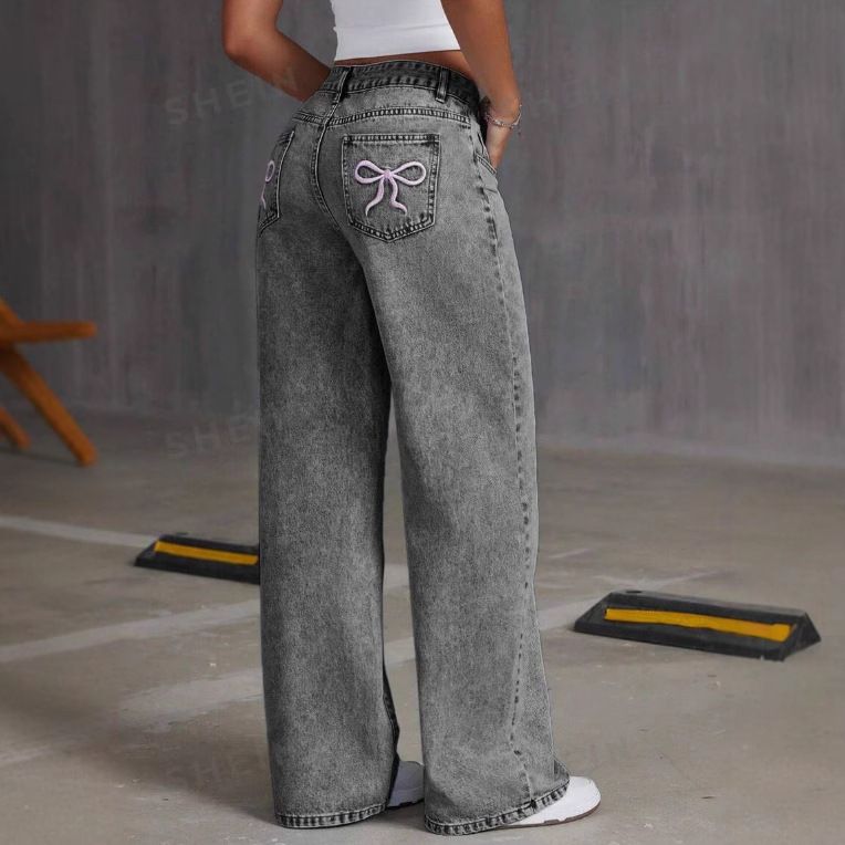 Women’s Clothing bow embroidered jeans for women sweet and spicy style high waist straight pants loose casual trousers_mkmklike.com