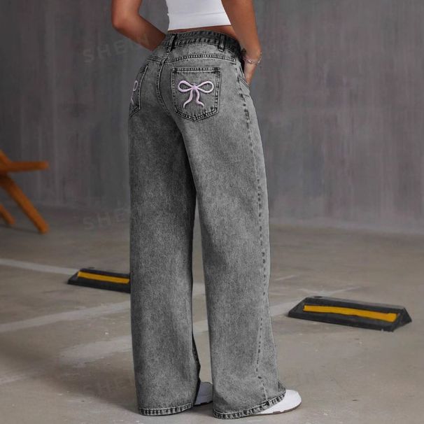 Women’s Clothing bow embroidered jeans for women sweet and spicy style high waist straight pants loose casual trousers_mkmklike.com