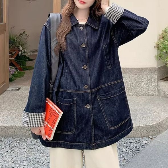 Salt-style Plaid Patchwork Mid-length Denim For Women, 2026 Spring/autumn New Model, Loose Fit, Slimming, Versatile_mkmklike.com