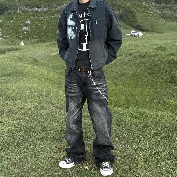 Men's Casual Black Straight Leg Trousers Mid Waist Washed Whiskered Loose Fit High Street Style Trendy Flared Pants_mkmklike.com