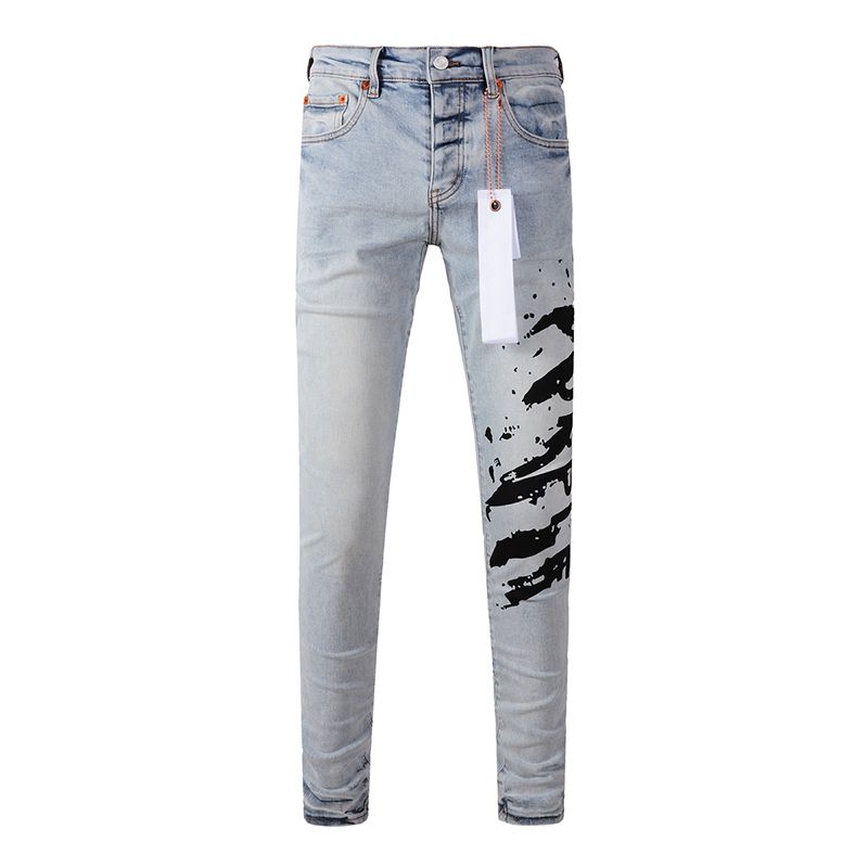 Men's American High Street Fashion Distressed Light Blue Letters Printing Stretch Skinny Button Fly Ripped Jeans_mkmklike.com