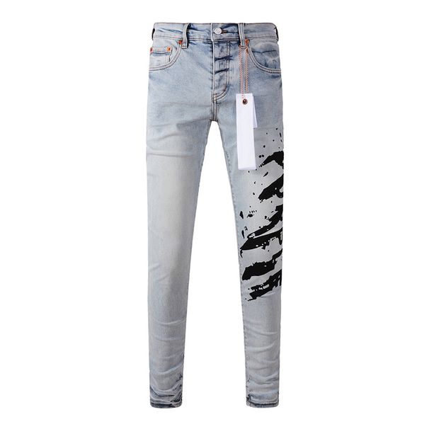Men's American High Street Fashion Distressed Light Blue Letters Printing Stretch Skinny Button Fly Ripped Jeans_mkmklike.com