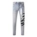 Men's American High Street Fashion Distressed Light Blue Letters Printing Stretch Skinny Button Fly Ripped Jeans_mkmklike.com