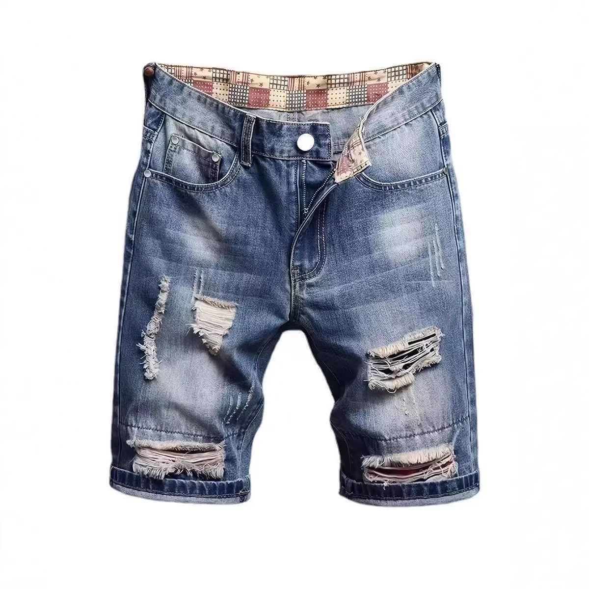 Men's Distressed Denim Shorts – Streetwear Washed Blue Destroyed Cutoff 5-Inch Inseam (S-XXL) – Vintage-Inspired Relaxed Fit_mkmklike.com