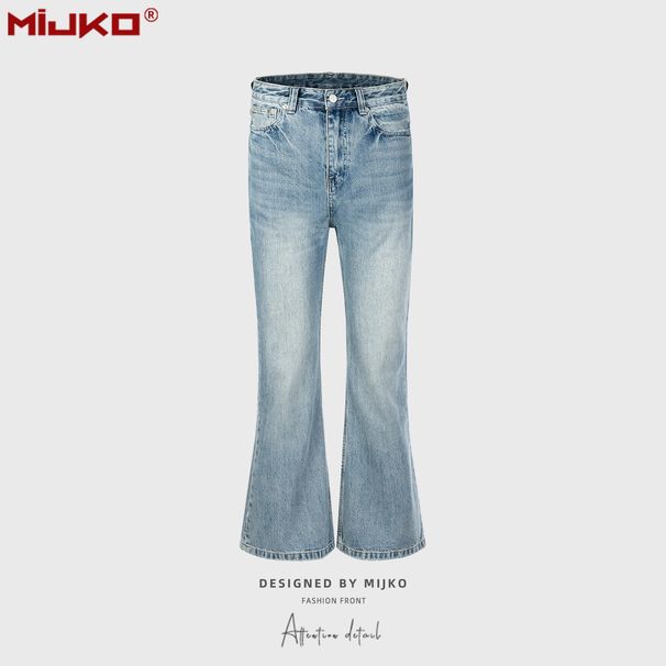 Men's Clothing Urban Washed Trousers Distressed Micro Flared Blue Jeans_mkmklike.com