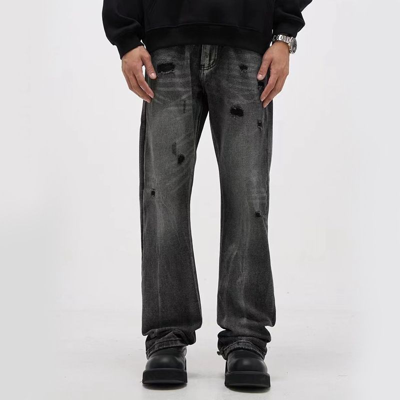 Men's Clothing high street black and gray washed ripped jeans men's straight slim retro casual pants_mkmklike.com