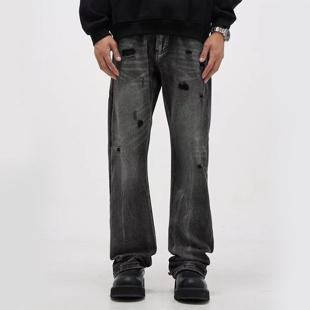 Men's Clothing high street black and gray washed ripped jeans men's straight slim retro casual pants_mkmklike.com