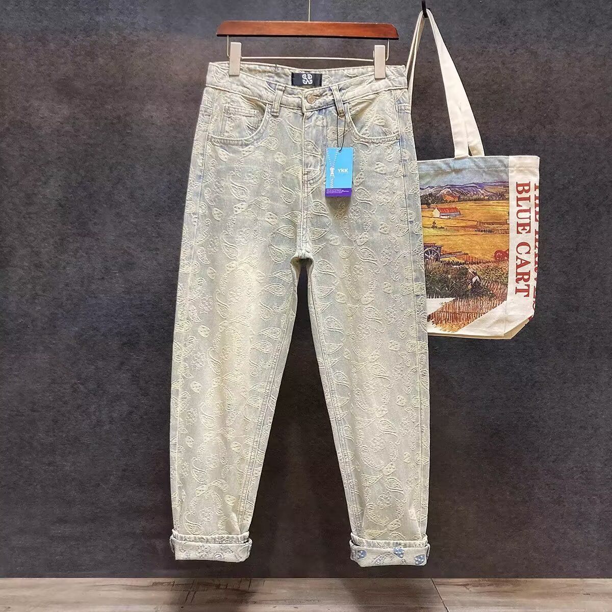 Men's Relaxed Fit Denim Jeans - Casual Wide-Leg Trousers, Washed Blue, Straight Cut, Comfortable Cotton Blend (S-3xl)_mkmklike.com