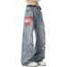 American High Street Retro Washed Ink Splashing Embroidered Ripped Jeans Men And Women Loose Design Fashionable Wide-leg Trousers_mkmklike.com