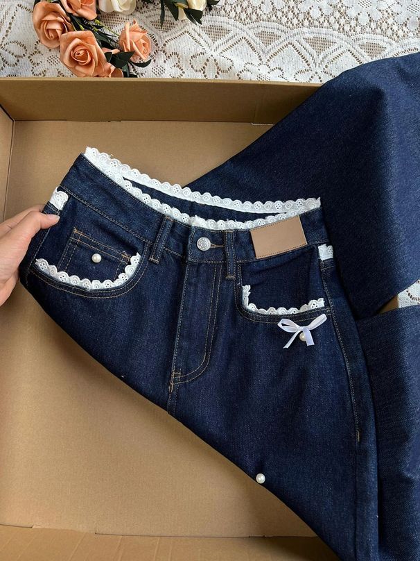 Women's Clothing Retro Dark Blue Lace Jeans For Women Autumn Lace High Waist Straight Loose Trousers_mkmklike.com