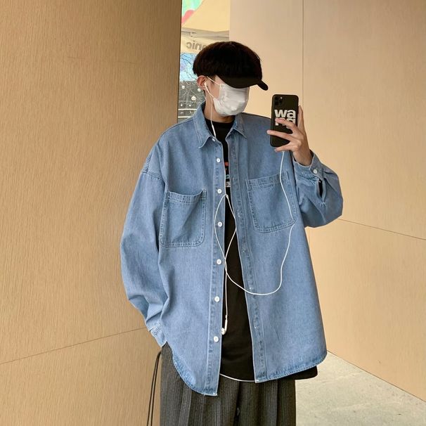Retro Solid Color Long Sleeved Denim Shirt, Men's And Women's Trendy Brand Street Loose Workwear Shirt_mkmklike.com