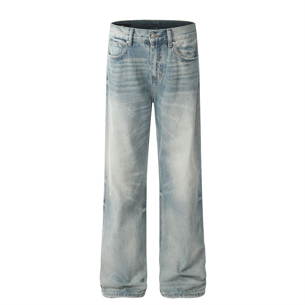 American Washed Jeans Men's High Street Trend Ins Loose Casual Straight Pants Gradient Distressed Wide Leg Trousers_mkmklike.com