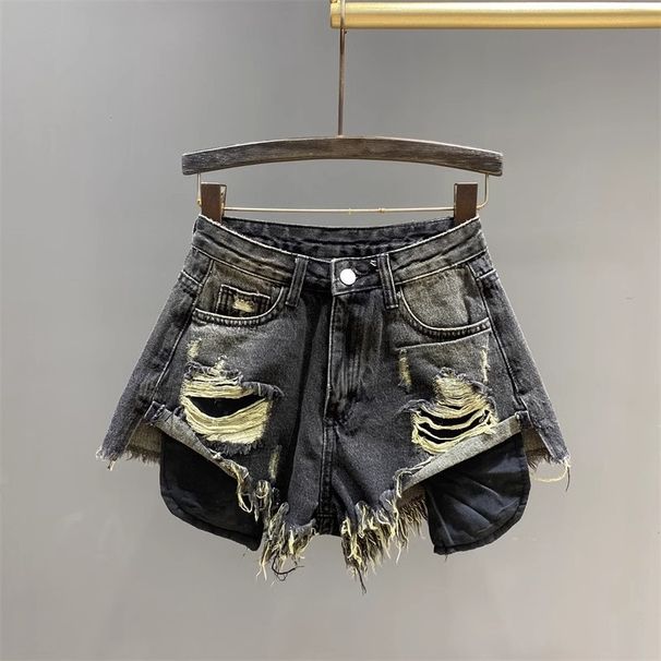 Women's High-Waisted Slimming Fringe Ripped Denim Shorts Summer 2026 A-Line Wide Leg Hot Pants Leg Lengthening Hot Girl Style_mkmklike.com