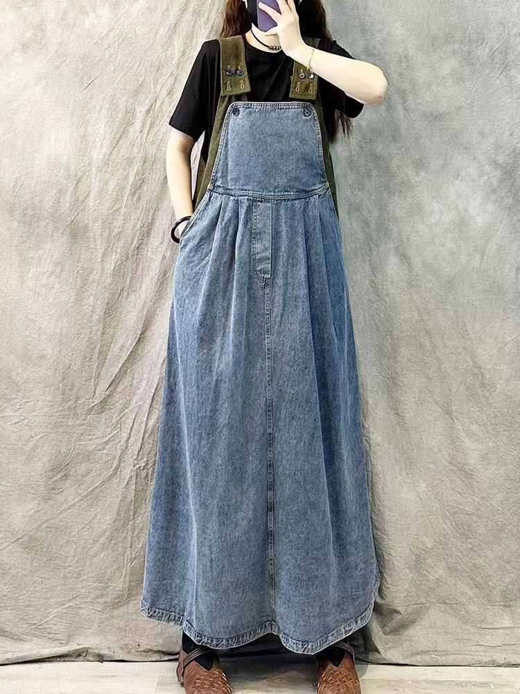 Wind Splicing Denim Dress 2025 New Summer Loose Slimming Plus Casual Suspender Long Skirt_mkmklike.com