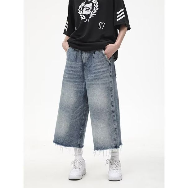 Unique Design Tassel Seven-point Denim Shorts For Men Loose Washed Fashionable Casual Versatile Straight-leg Pants_mkmklike.com