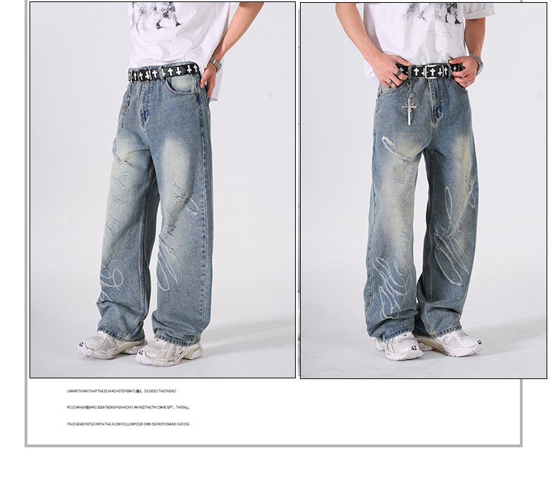 Unisex American Style Graffiti Distressed Straight Leg Jeans Trendy Fashionable Loose Fitting Wide Leg Pants New 2026 Style_mkmklike.com