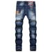 Men's Clothing Men's High Street Style Ripped Patchwork Painted Ornaments Slim Fit Mid Waist Jeans Fashion Trousers_mkmklike.com