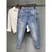 Men's Clothing Men's Slim Fit Tapered Leg Stretch Ripped Jeans Trendy Versatile Cropped Pants High End Washed Summer Style_mkmklike.com