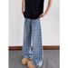 Men's Clothing Retro Washed Blue Plaid Jeans American Style High Street Fashion Loose Casual Wide Leg Straight Leg Pants For Men And Women_mkmklike.com