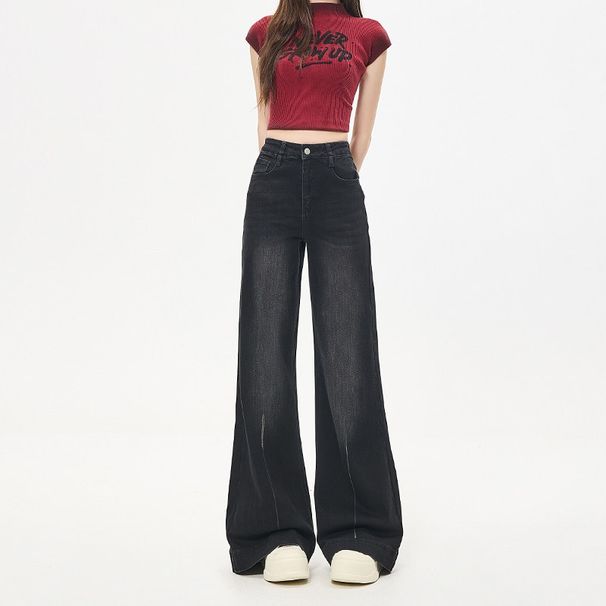 Black And Gray Wide-leg Jeans For Women, 2025 Winter New Style, High-waisted, Loose Fit, Pear-shaped, Slimming,_mkmklike.com