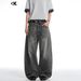 Unisex Straight Leg Whiskered Jeans Clean Fit Loose Versatile Wide Leg Pants Midweight Cotton Black Washed Distressed 11KN_mkmklike.com