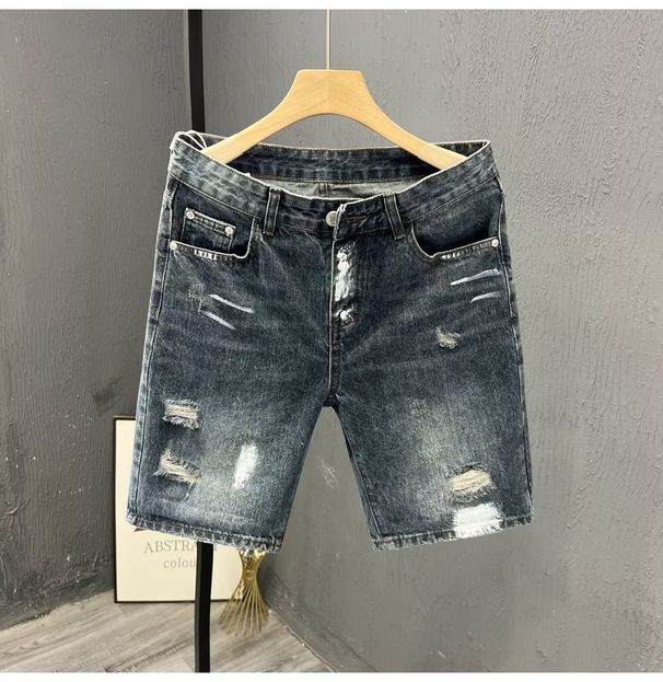 Denim Shorts, Men's New Summer High Street Distressed White Hole Slim Fit Capris, Korean Version Trend Versatile Small_mkmklike.com