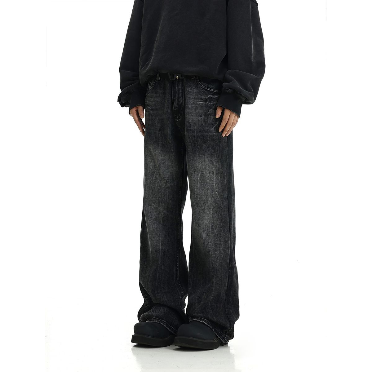 Men's Black Washed Straight Leg Jeans – High Street Drop Crotch Relaxed Fit (M-XXXL, Black/Blue)_mkmklike.com