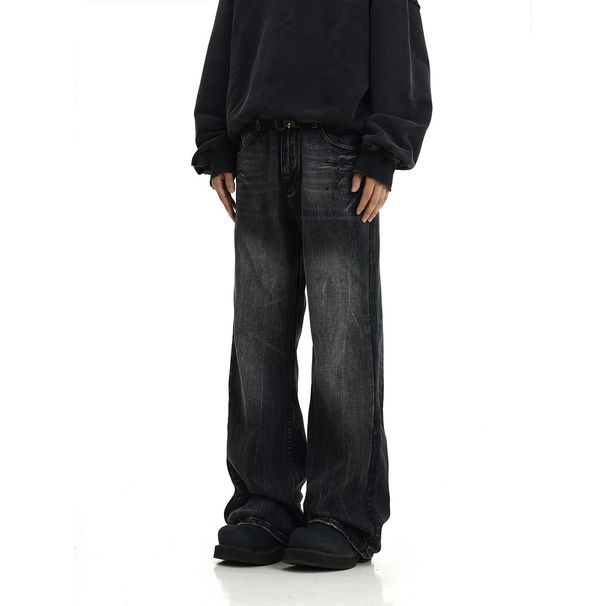 Men's Black Washed Straight Leg Jeans – High Street Drop Crotch Relaxed Fit (M-XXXL, Black/Blue)_mkmklike.com