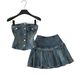 Retro Denim Strapless Vest And Pleated Skirt Two-Piece Set For Women Slim Fit Summer Outfit Youthful And Flattering_mkmklike.com