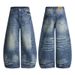 Men's Washed Blue Denim Jeans - American Vintage Baggy Cargo Pants With Distressed Details_mkmklike.com