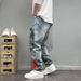 Washed Vintage Style Graffiti Print Jeans For Men Slim Fit Tapered Straight Leg Pants High Street Cool Trendy_mkmklike.com