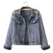 Women's Distressed Denim Jacket With Rhinestone Details, Oversized Fit, Cotton Blend, Streetwear Fashion, Casual Short Coat For Fall Winter_mkmklike.com