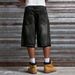 Men's Baggy Denim Shorts Over Knee Length Retro Hip Hop Distressed Hem Laser Print Cotton Casual Streetwear_mkmklike.com