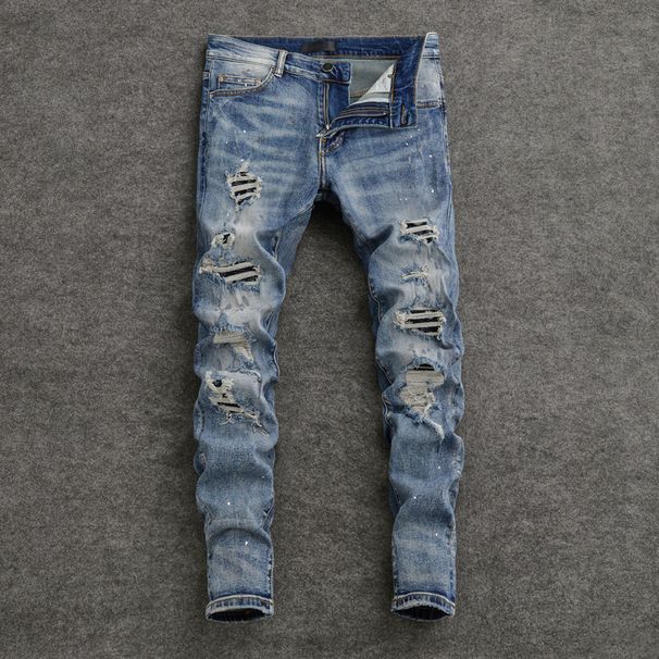Men's Slim Fit Jeans Distressed Vintage Washed Light Blue Denim Pants with Paint Splatter And Knee Rips Streetwear Skinny Trousers_mkmklike.com