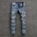 Men's Slim Fit Jeans Distressed Vintage Washed Light Blue Denim Pants with Paint Splatter And Knee Rips Streetwear Skinny Trousers_mkmklike.com