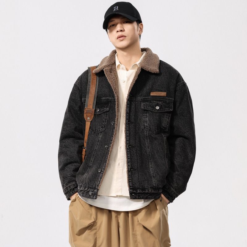 Winter Collar Lambskin For Men New Model With Added Fleece And Thickened Warm Workwear Denim Cotton Jacket_mkmklike.com