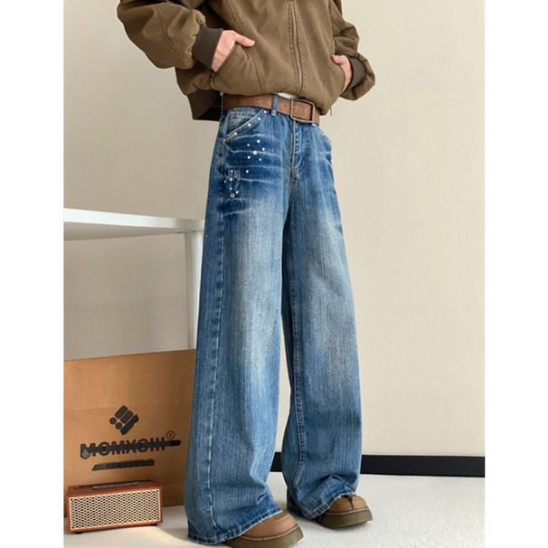 Vintage Blue Washed Curved Blade Jeans Unisex American High Street Loose Straight Leg Wide Pants_mkmklike.com