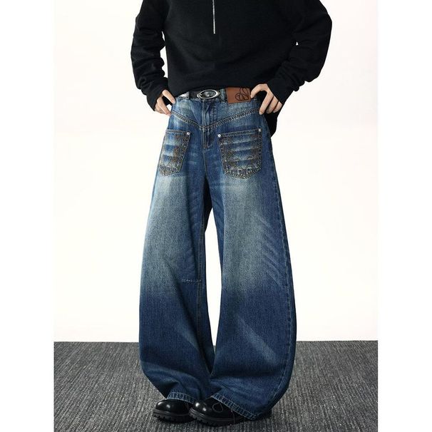 "Lightning Bolt Studded Jeans – Streetwear Wide-Leg Pants For Men (S-3XL, Distressed Blue)"_mkmklike.com