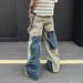 Vintage American Streetwear Washed Denim Pants Unisex Distressed Wide-Leg Jeans With Color Blocking And Curved Hem_mkmklike.com