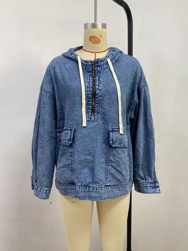 K01 New Fashionable Loose Casual Hooded Denim Long Sleeved Top_mkmklike.com
