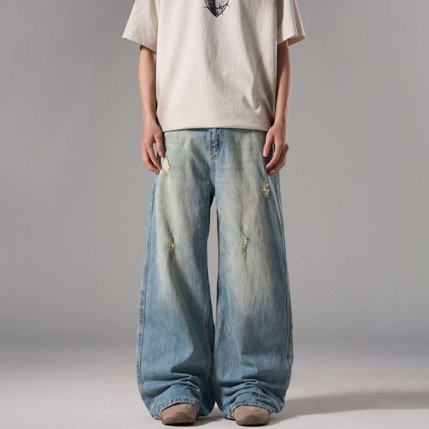 Vintage Washed Ripped Jeans For Men & Women – Retro Distressed Denim Pants, Loose Fit Wide Leg Trousers, 90s Streetwear Style_mkmklike.com