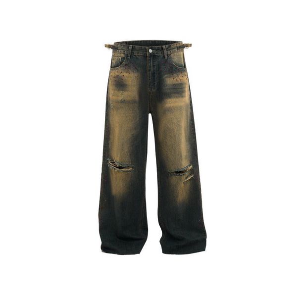 Vintage Distressed Diamond Jeans for Men Red Streetwear Denim Pants with Ripped Details And Washed Finish_mkmklike.com