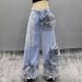 Women's Clothing Vintage Plus Size High-Waisted Flared Jeans – Distressed Hem, Embroidered Floral Details, Stretch Denim Wide-Leg Pants For Women_mkmklike.com